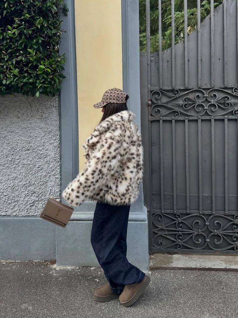 Manteau À Imprimé Léopard avec Col Ouvert Et Manches Longues pour Femmes | Idéal pour L’Hiver