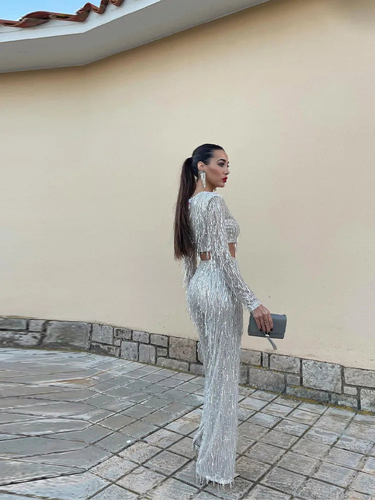 Ensemble Deux Pièces Avec Sequins Et Finitions À Franges pour Femme | Idéal pour Les Soirées Et Événements Festifs