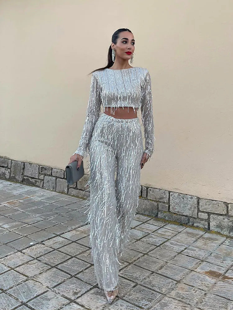 Ensemble Deux Pièces Avec Sequins Et Finitions À Franges pour Femme | Idéal pour Les Soirées Et Événements Festifs