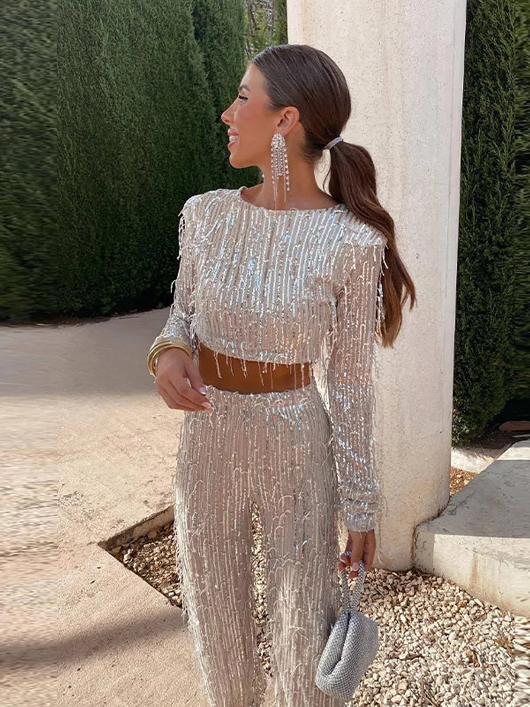 Ensemble Deux Pièces Avec Sequins Et Finitions À Franges pour Femme | Idéal pour Les Soirées Et Événements Festifs