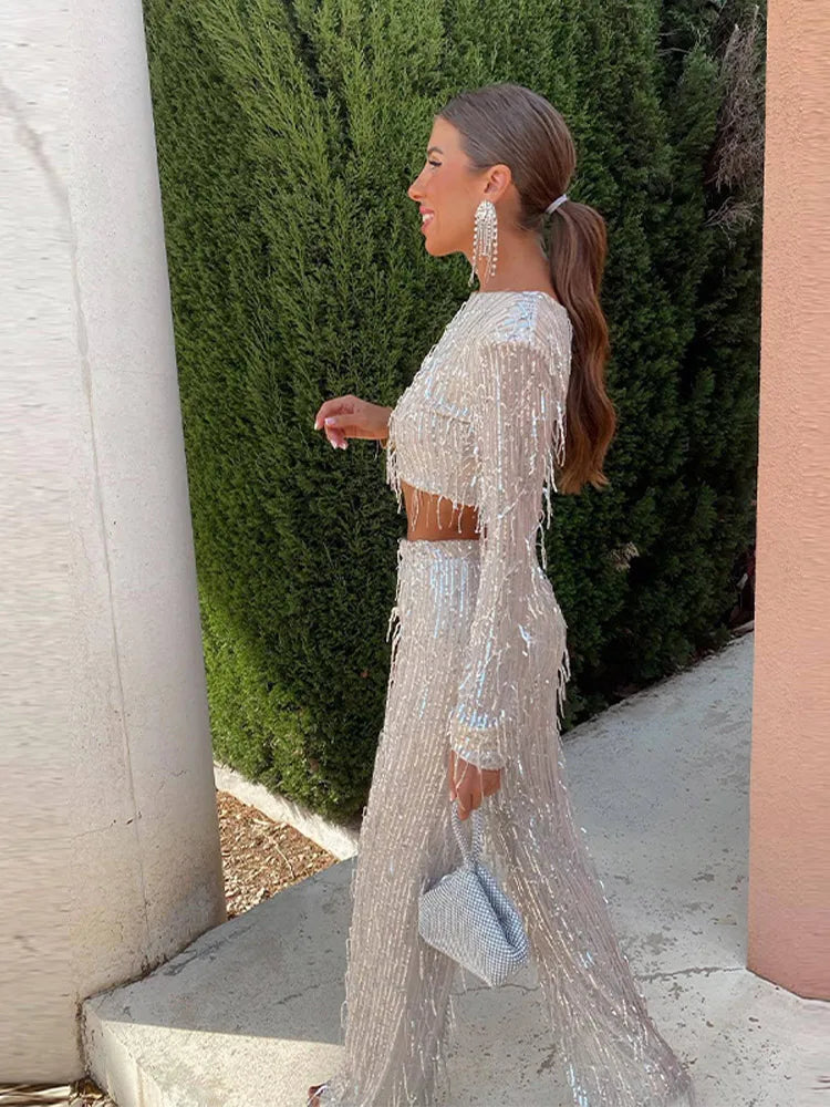 Ensemble Deux Pièces Avec Sequins Et Finitions À Franges pour Femme | Idéal pour Les Soirées Et Événements Festifs