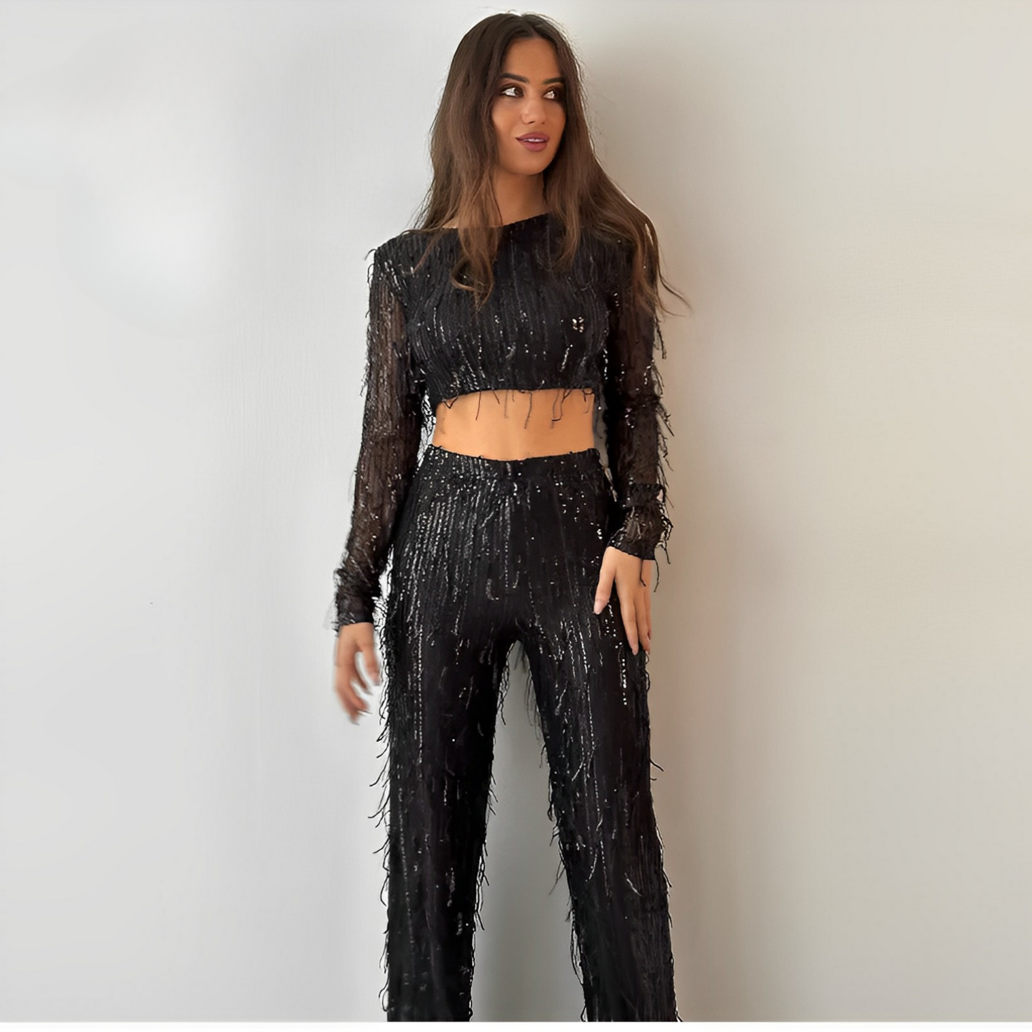 Ensemble Deux Pièces Avec Sequins Et Finitions À Franges pour Femme | Idéal pour Les Soirées Et Événements Festifs