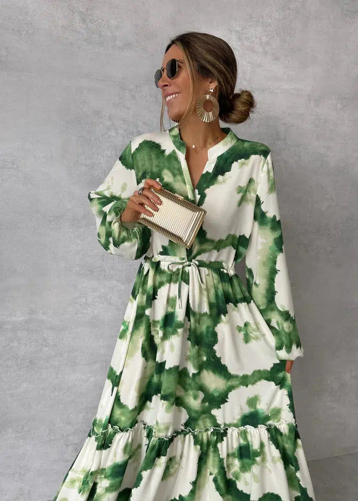 Robe Longue Verte avec Manches Longues et Col en V pour Femme | Idéale pour les Événements du Soir