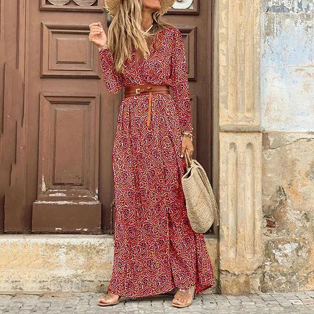 Robe Longue Rouge à Imprimé Bohème pour Femme | Idéale pour les Festivals d'Été