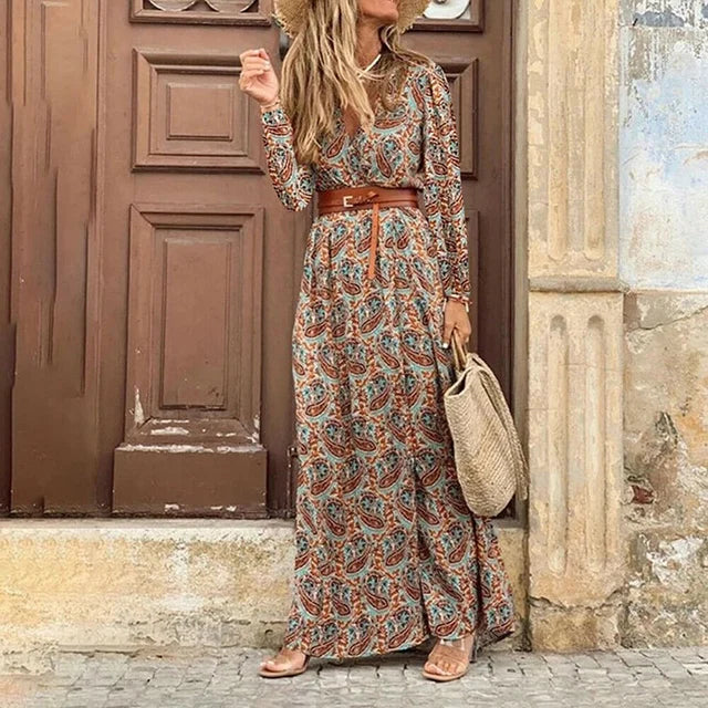 Robe Longue Rouge à Imprimé Bohème pour Femme | Idéale pour les Festivals d'Été