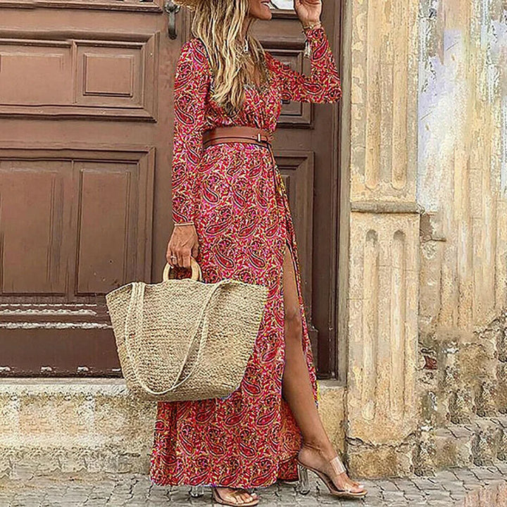 Robe Longue Rouge à Imprimé Bohème pour Femme | Idéale pour les Festivals d'Été