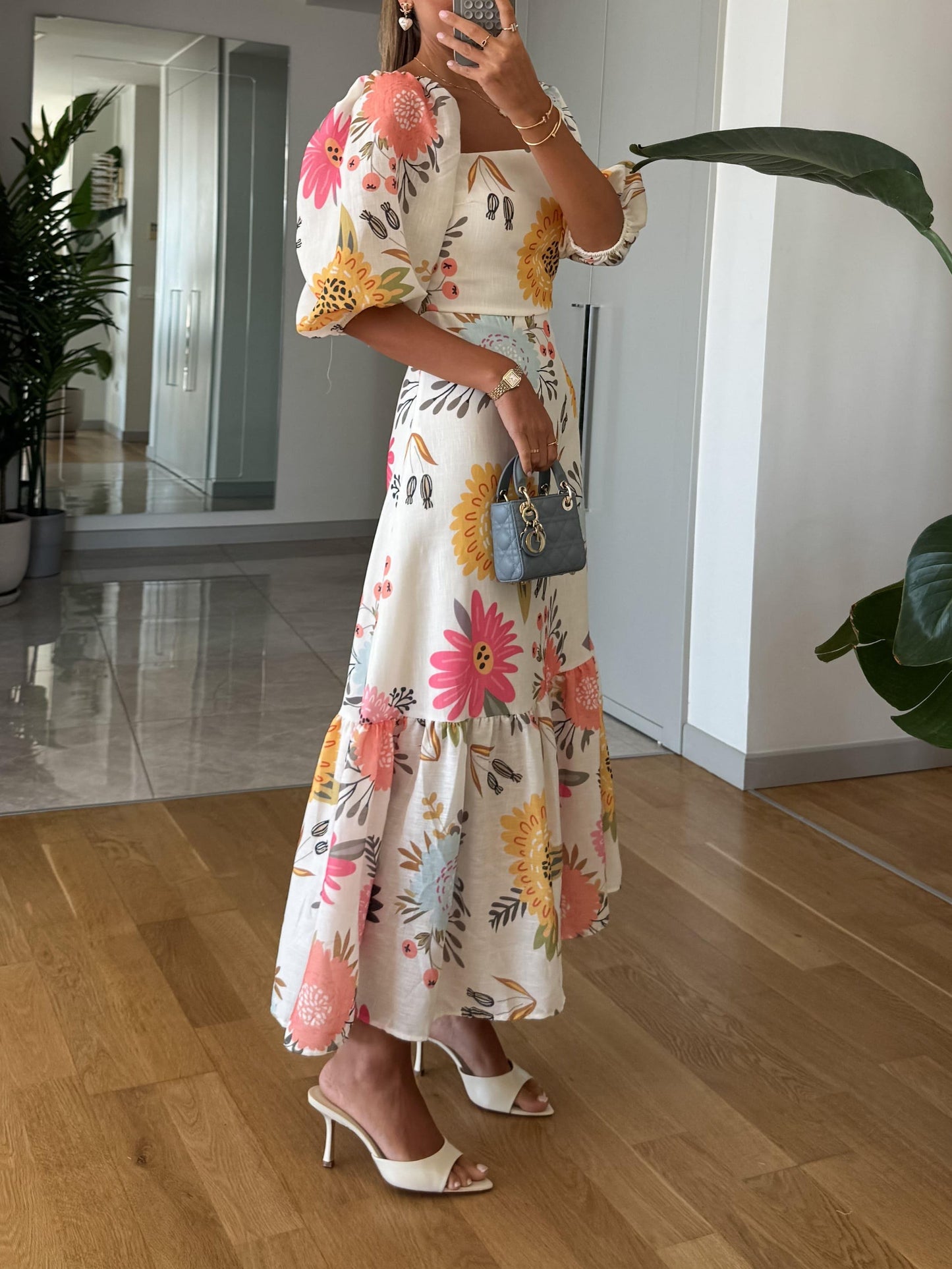 Robe Midi À Imprimé Floral Avec Encolure Carrée Et Manches Bouffantes Pour Femme | Idéale Pour Les Sorties Quotidiennes