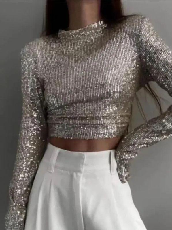 Haut Court à Manches Longues avec Détails à Sequins pour Femme | Idéal pour les Soirées et Sorties
