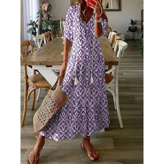 Robe Longue Bleu et Blanche à Coupe Fluide pour Femme | Idéale pour l’Été
