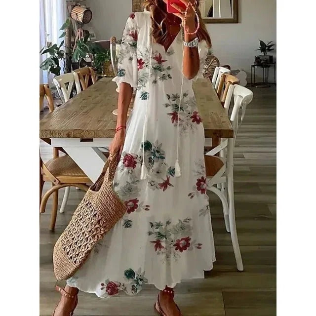 Robe Longue Bleu et Blanche à Coupe Fluide pour Femme | Idéale pour l’Été
