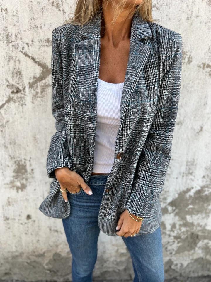 Blazer À Carreaux Gris Avec Poches À Rabat Pour Femmes | Idéal Pour Le Travail Et Les Tenues Quotidiennes