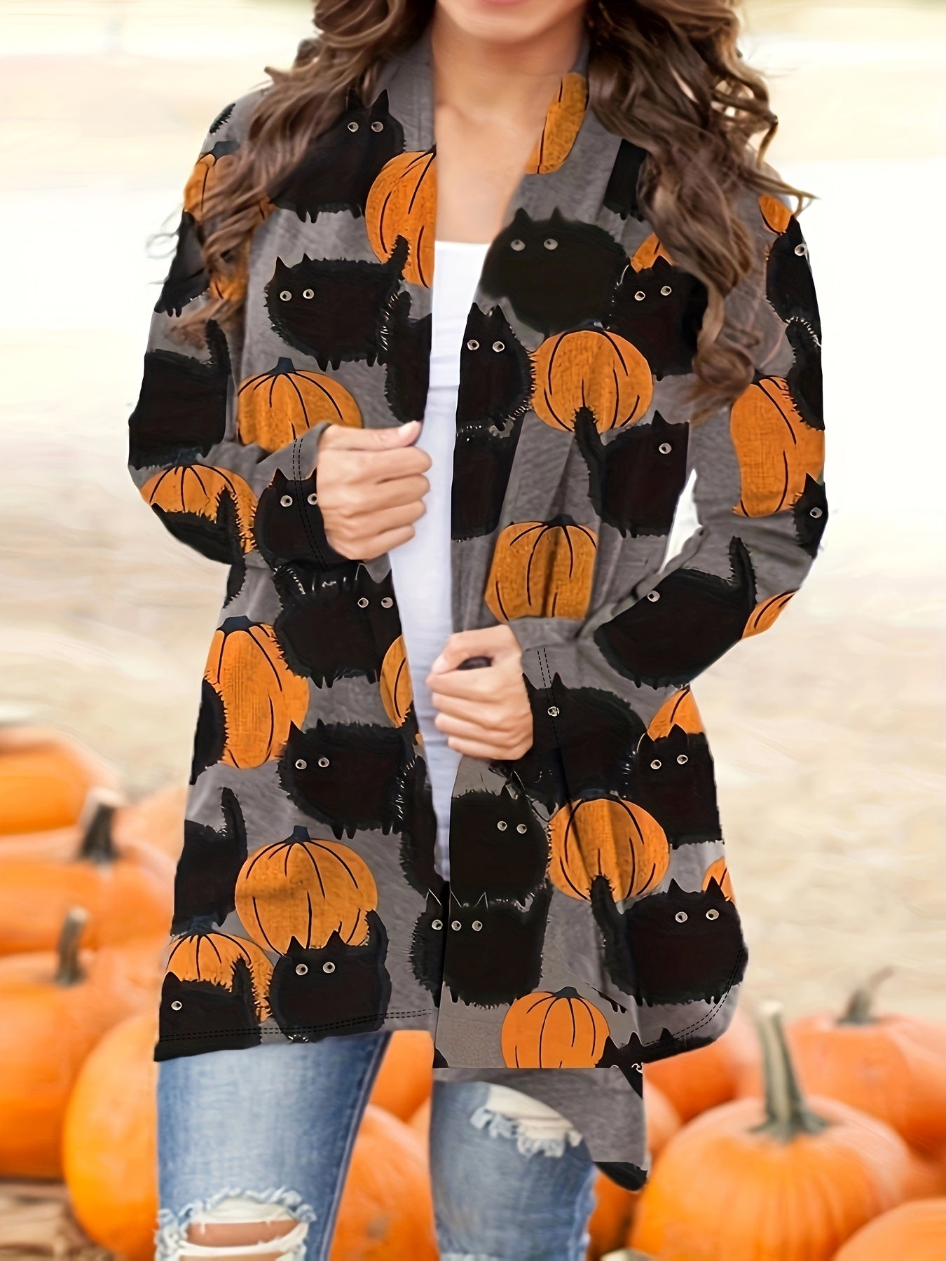 Cardigan Long à Imprimé Halloween pour Femme | Idéal pour l'Automne