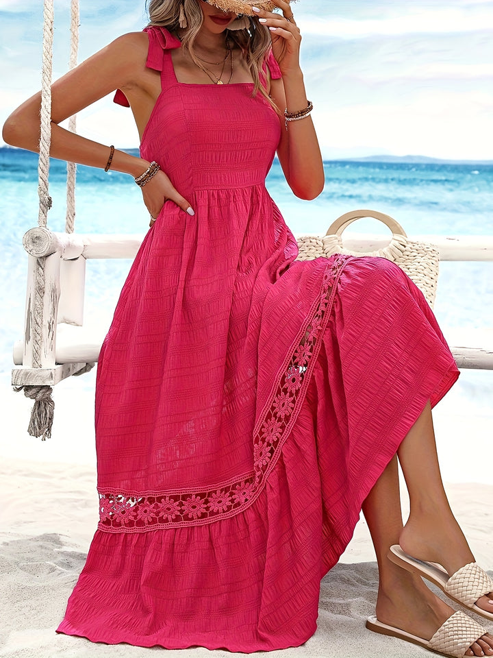 Robe Longue Rouge avec Détails en Dentelle et Nœuds pour Femmes | Idéale pour les Occasions Spéciales