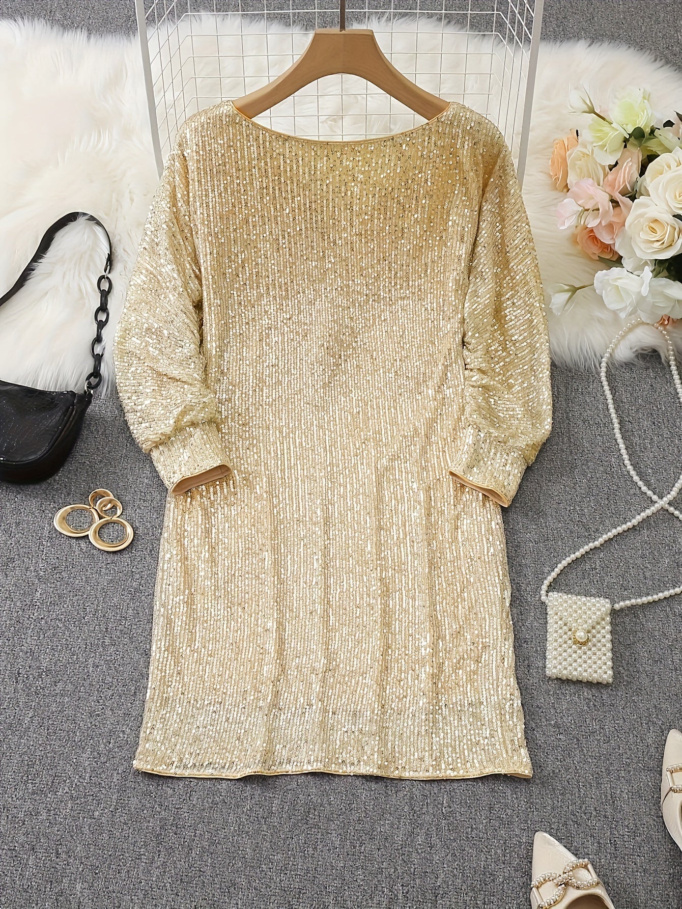 Robe De Soirée À Sequins Contrastés avec Col En V Et Manches Longues pour Femme | Idéale pour Les Événements Formels