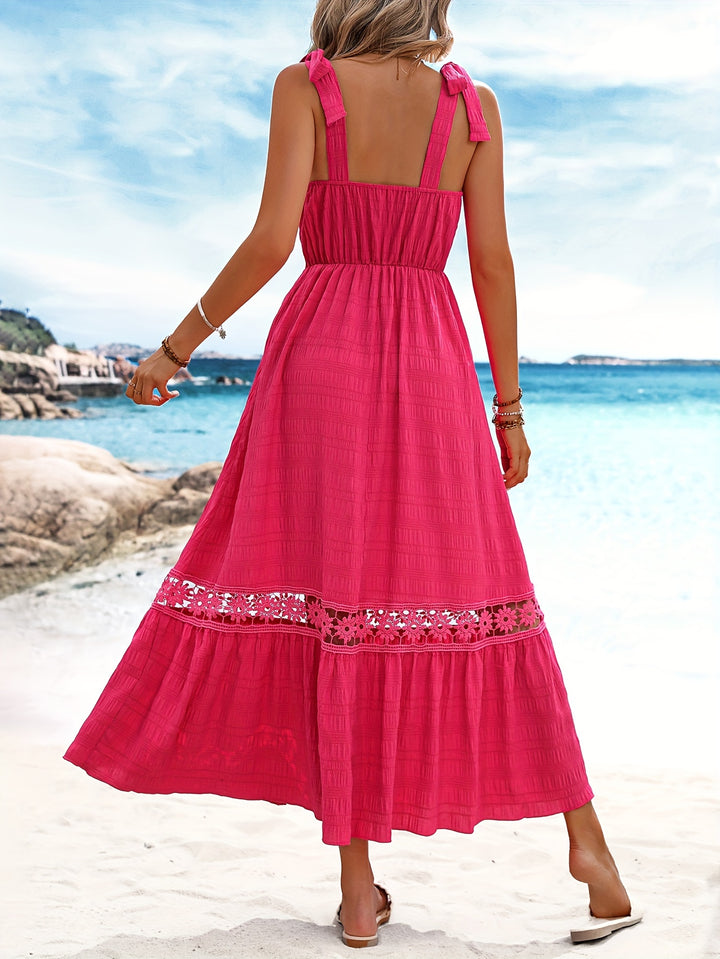 Robe Longue Rouge avec Détails en Dentelle et Nœuds pour Femmes | Idéale pour les Occasions Spéciales