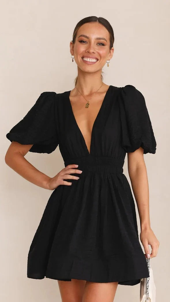 Robe Courte Évasée avec Manches Bouffantes et Encolure Carrée pour Femme | Idéale pour l’Été