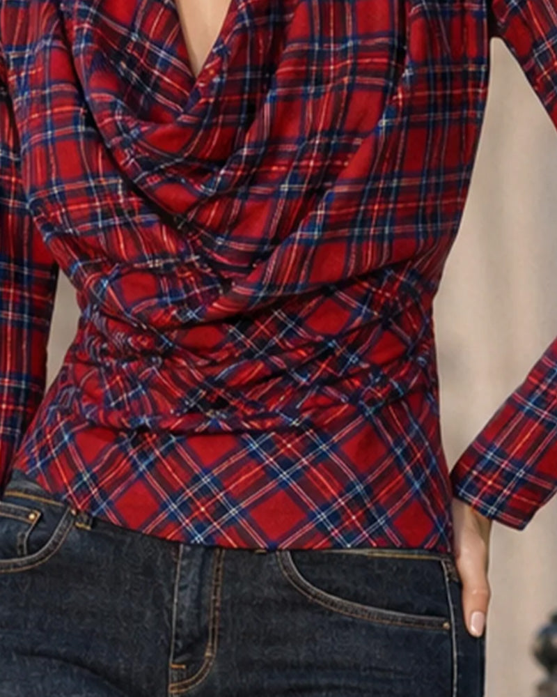 Blouse col drapé imprimé tartan pour femmes