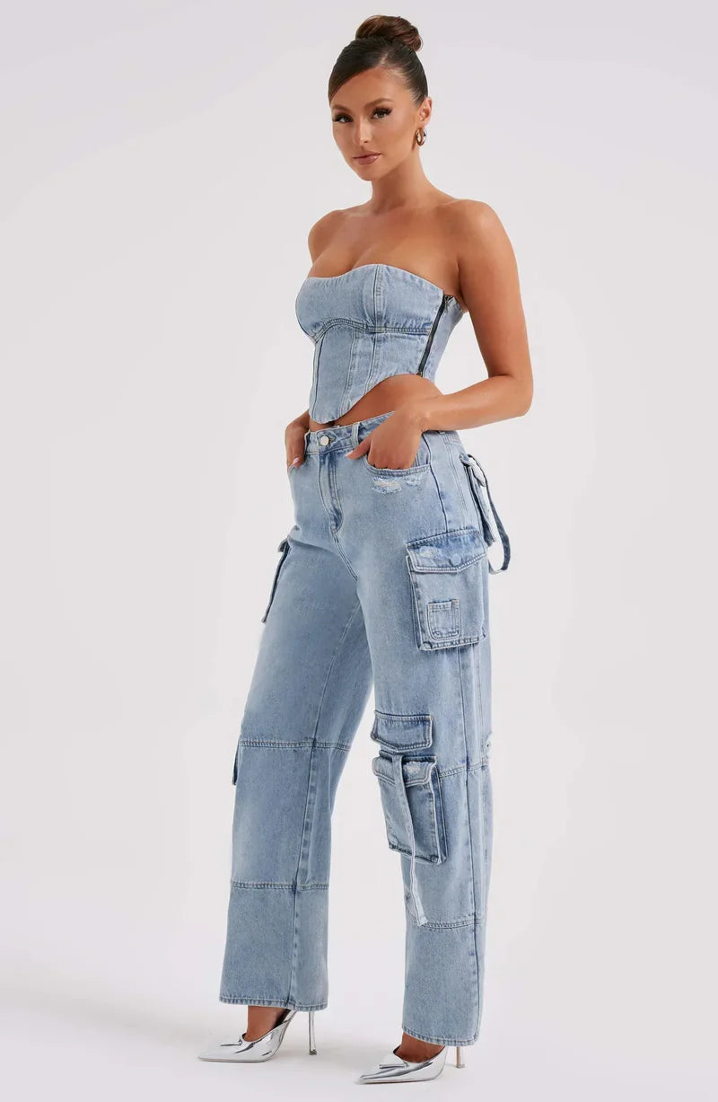Ensemble Corset à Bretelles et Pantalon Cargo à Coupe Décontractée pour Femme | Idéal pour Tenues Décontractées