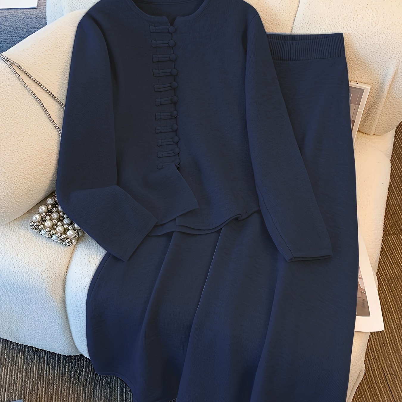 Ensemble Deux Pièces avec Cardigan à Manches Longues et Jupe Mi-Longue Taille Élastique pour Femme | Idéal pour Automne et Hiver