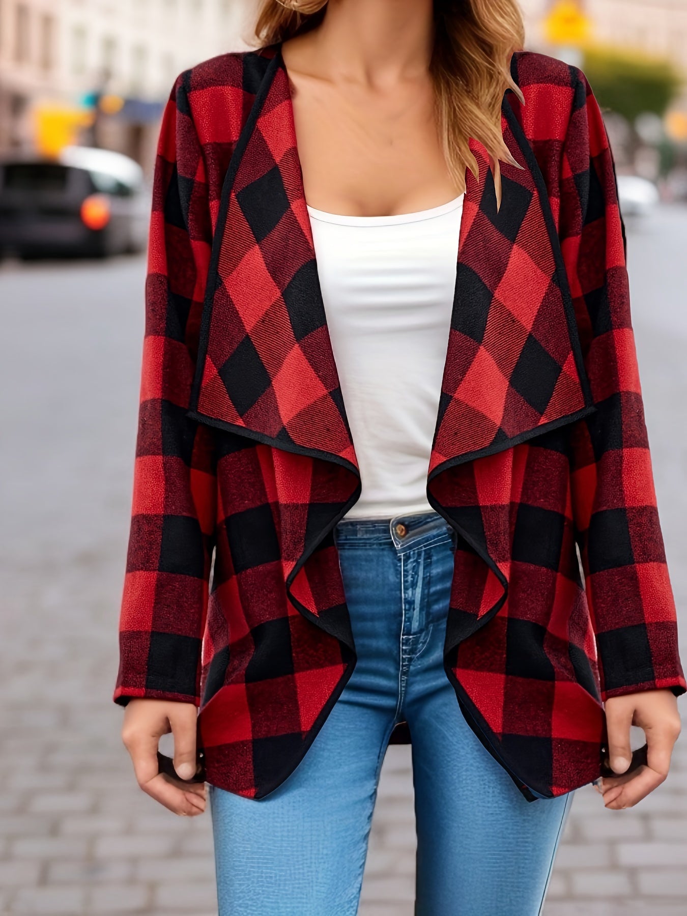 Manteau Long à Motif Carreaux avec Coupe Ouverte pour Femme | Idéal pour la Mi-Saison