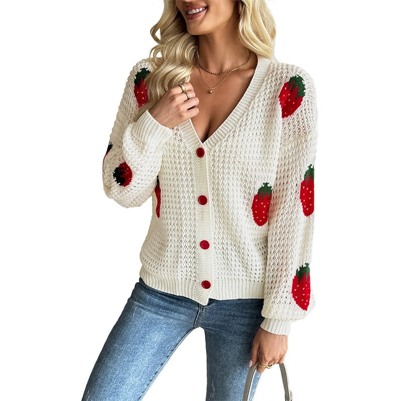 Cardigan court à motif fraises pour femmes