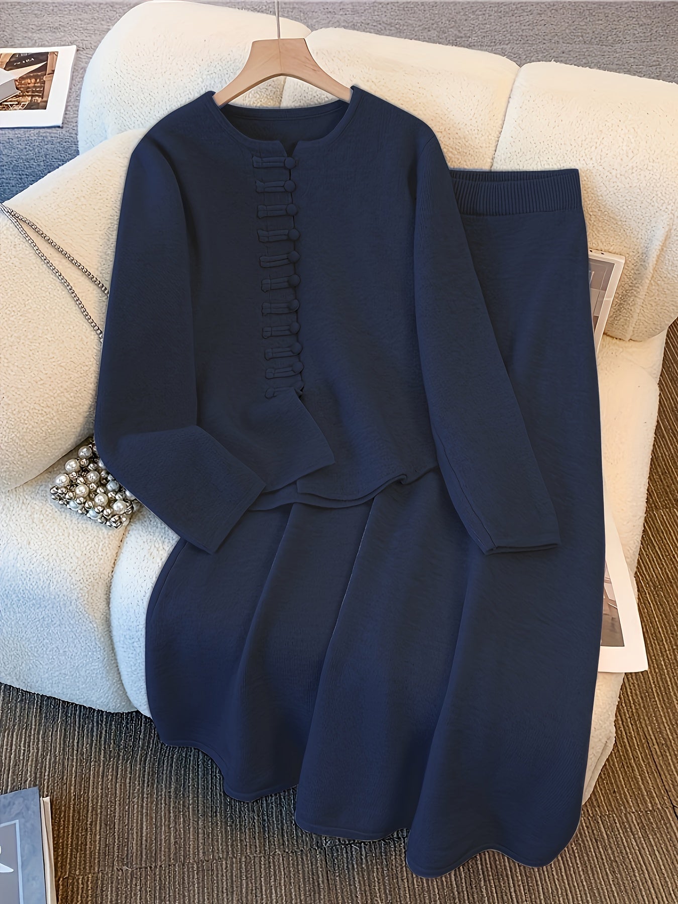 Ensemble Deux Pièces avec Cardigan à Manches Longues et Jupe Mi-Longue Taille Élastique pour Femme | Idéal pour Automne et Hiver