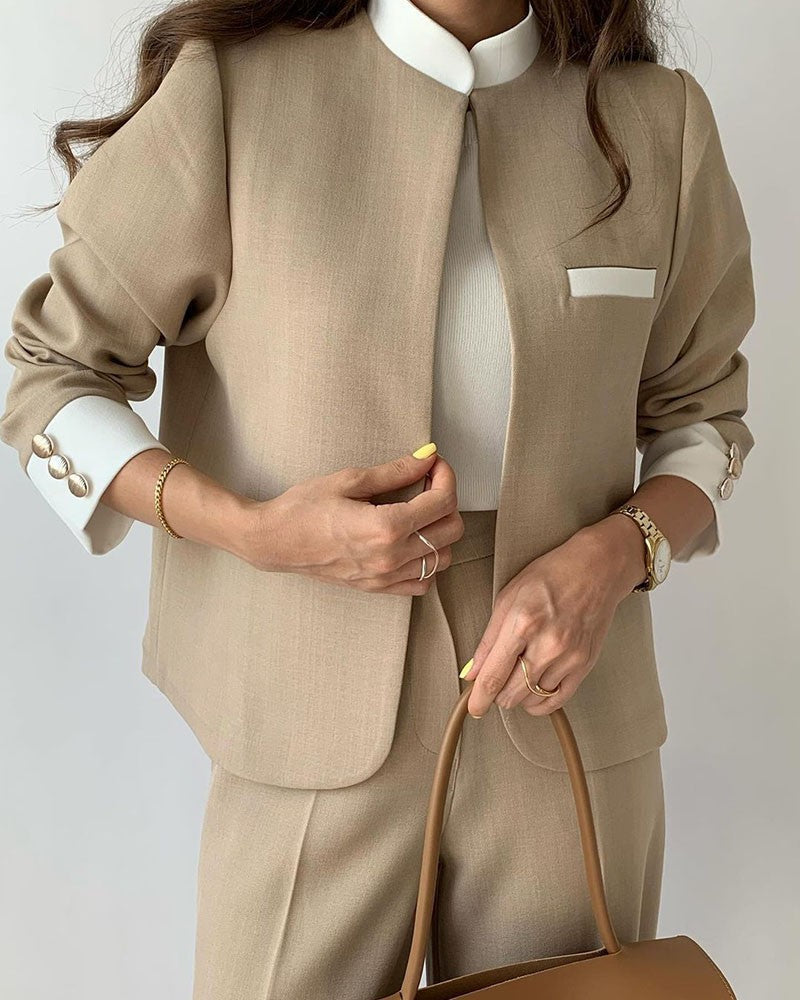 Blazer Court Bicolore À Col Montant Pour Femmes | Idéal Pour Le Travail Et Les Tenues Quotidiennes