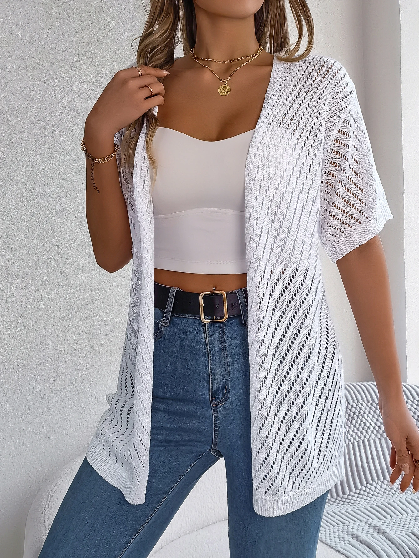 Cardigan long à motif ajouré et manches courtes pour femme | Idéal pour la mi-saison