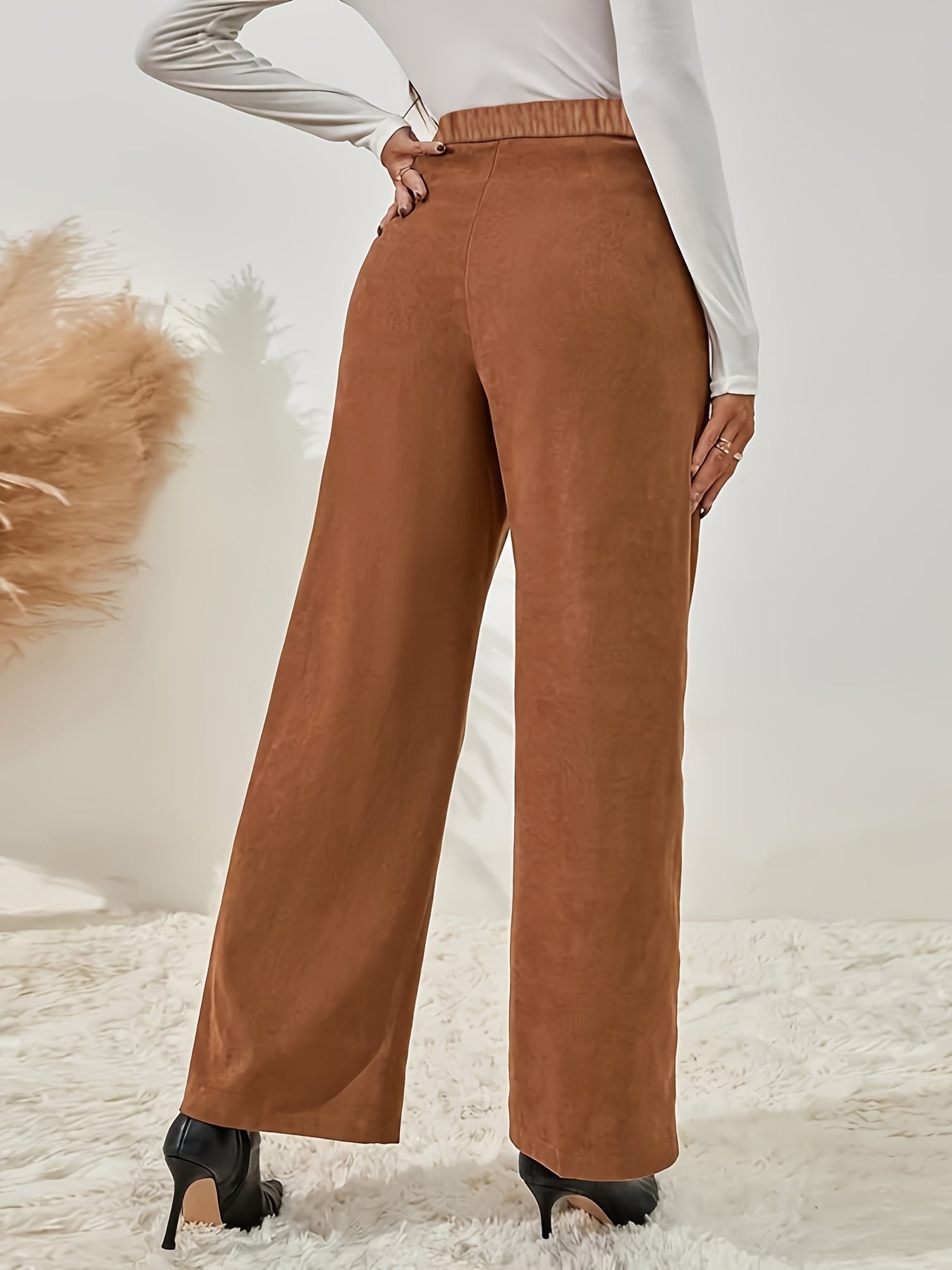 Pantalon Taille Haute à Jambe Large avec Boutons Décoratifs pour Femme | Idéal pour le Printemps et l’Automne