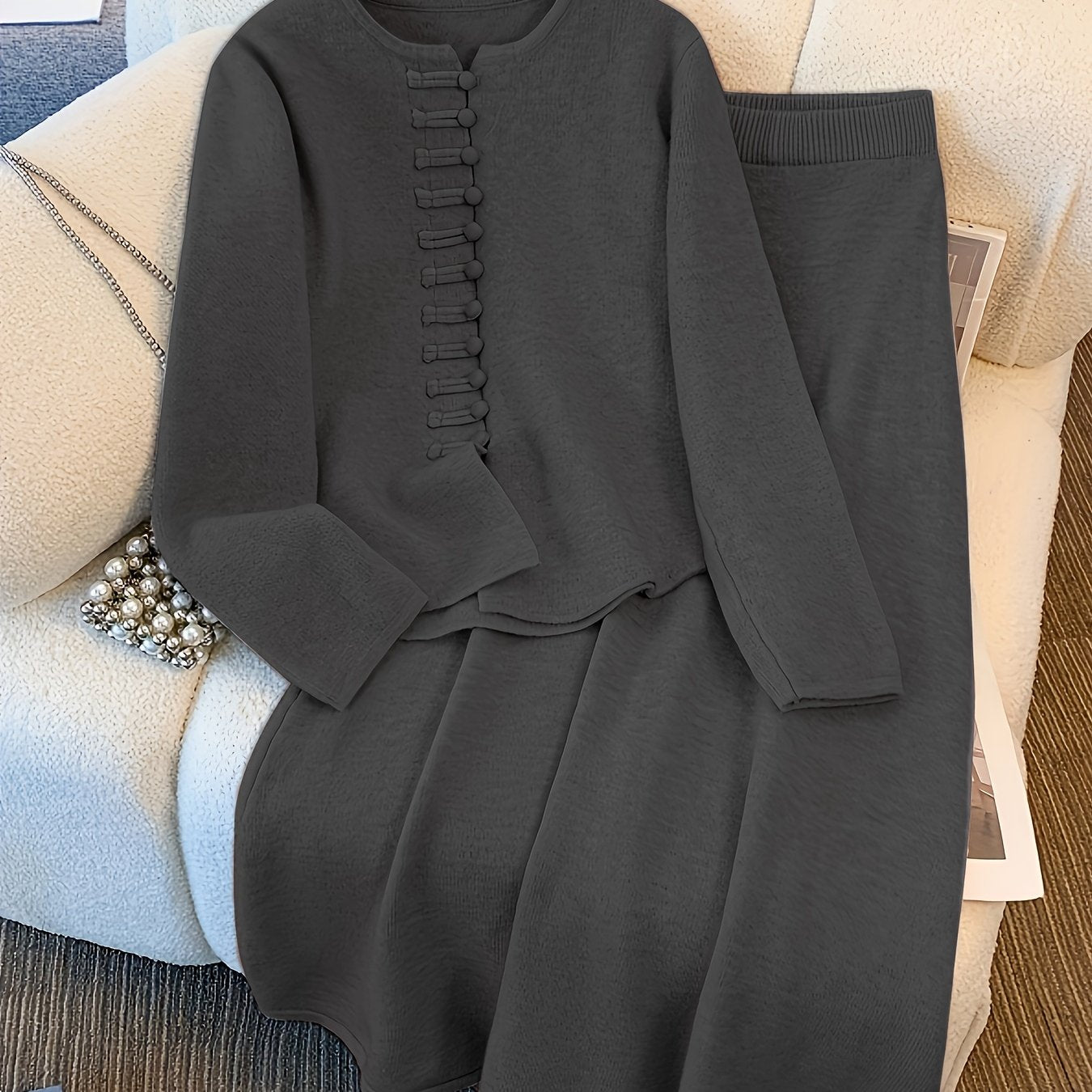 Ensemble Deux Pièces avec Cardigan à Manches Longues et Jupe Mi-Longue Taille Élastique pour Femme | Idéal pour Automne et Hiver