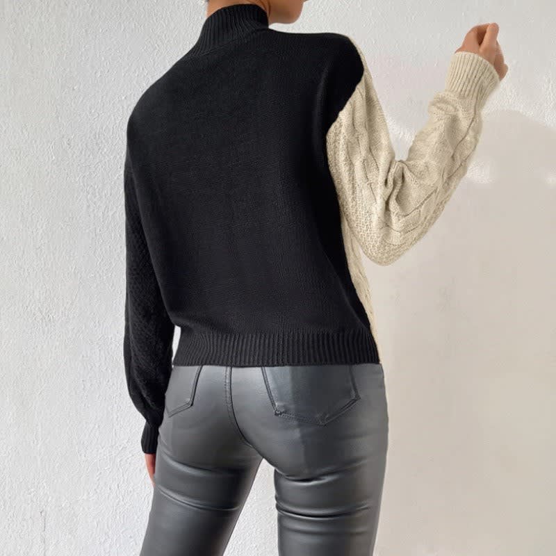 Pull bicolore à col montant avec motif diagonal pour femmes | Idéal pour l’automne et le bureau