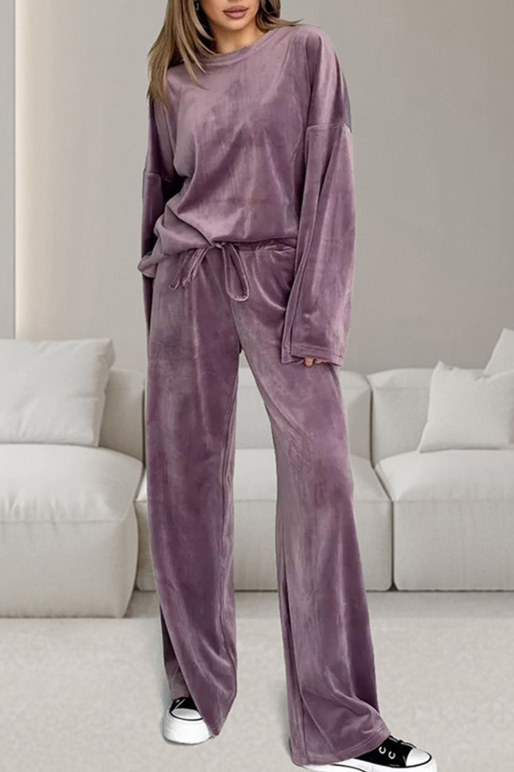 Ensemble Deux Pièces avec Haut à Manches Longues Col Rond et Pantalon à Cordon pour Femme | Idéal pour un Usage Quotidien