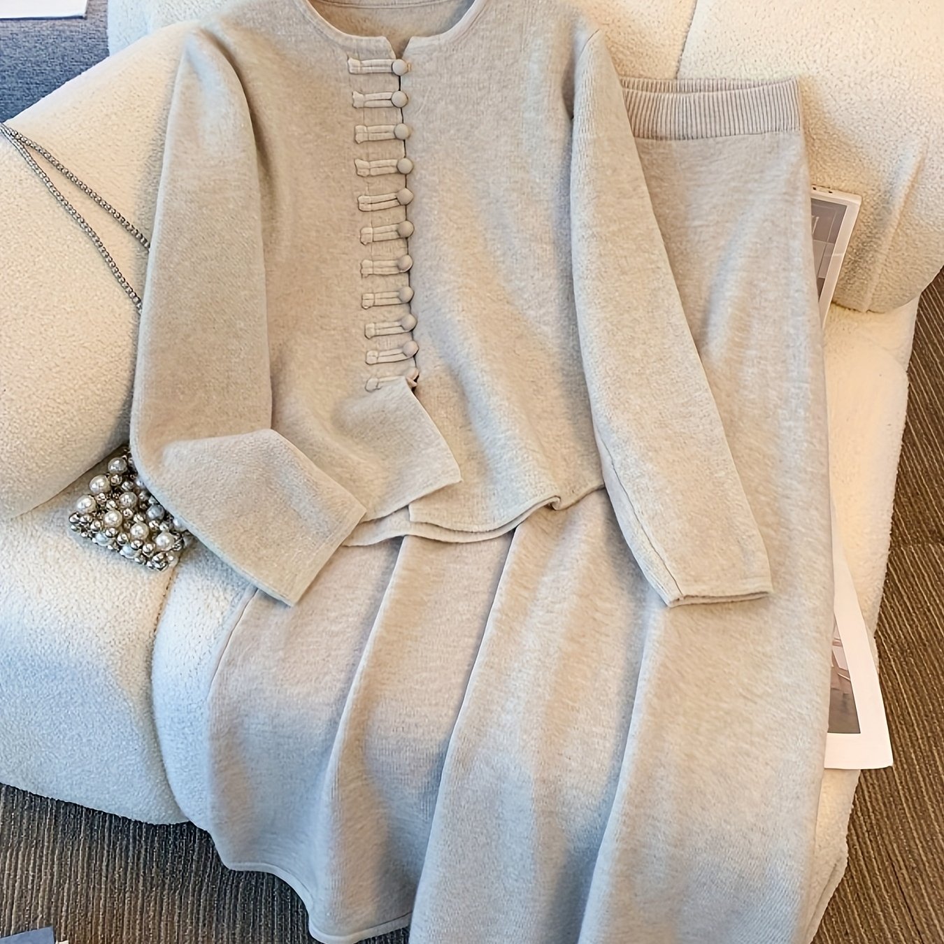 Ensemble Deux Pièces avec Cardigan à Manches Longues et Jupe Mi-Longue Taille Élastique pour Femme | Idéal pour Automne et Hiver
