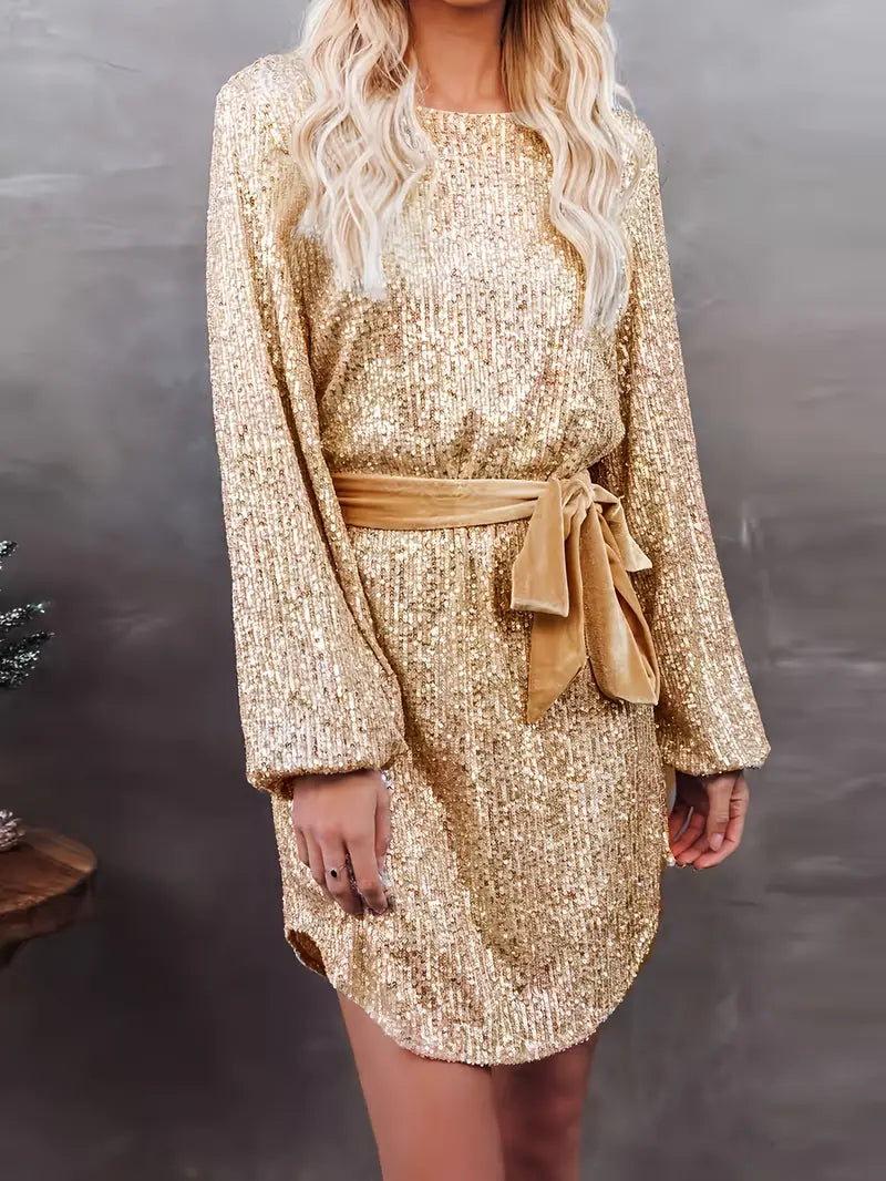 Robe Courte à Paillettes avec Ceinture et Manches Longues pour Femmes | Idéale pour les Soirées et Événements de Nuit