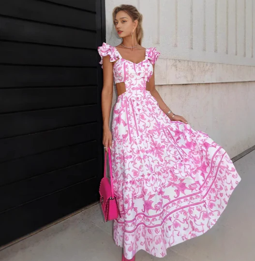 Robe Longue à Fleurs avec Manches à Volants et Décolleté en V Profond pour Femme | Idéale pour le Printemps et l'Été