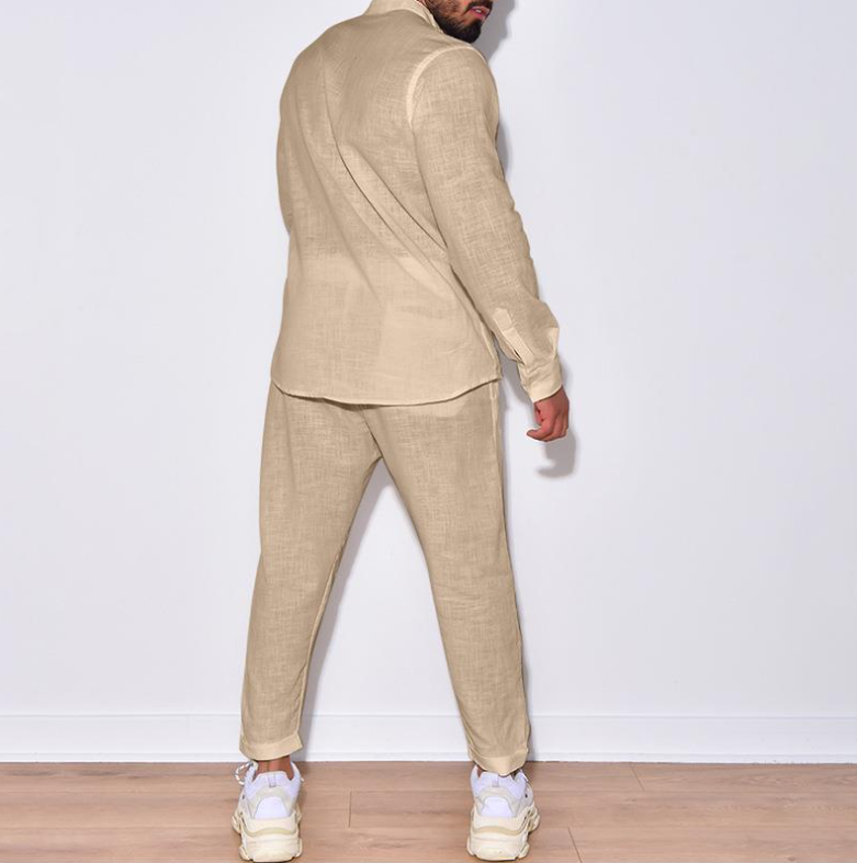 Ensemble avec Col Cubain Et Fermeture Boutonnée pour Homme | Idéal pour Le Printemps Et L’Été