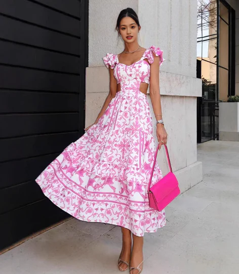 Robe Longue à Fleurs avec Manches à Volants et Décolleté en V Profond pour Femme | Idéale pour le Printemps et l'Été