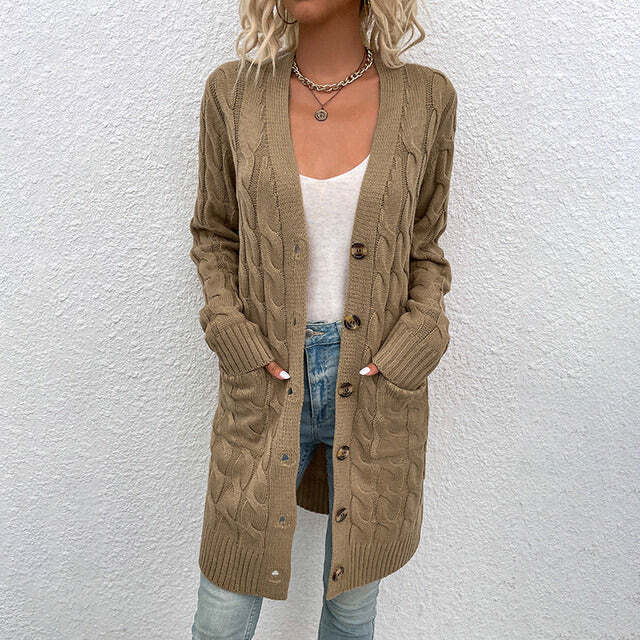Gilet Long à Maille Torsadée Avec Boutons Pour Femme | Idéal Pour la Saison Hivernale