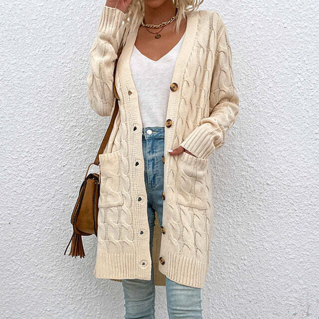 Gilet Long à Maille Torsadée Avec Boutons Pour Femme | Idéal Pour la Saison Hivernale
