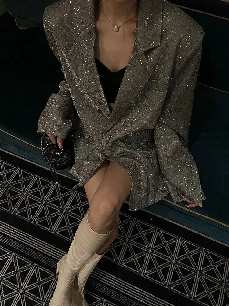 Blazer Long à Coupe Ample avec Finition Scintillante pour Femme | Idéal pour les Événements de Soirée
