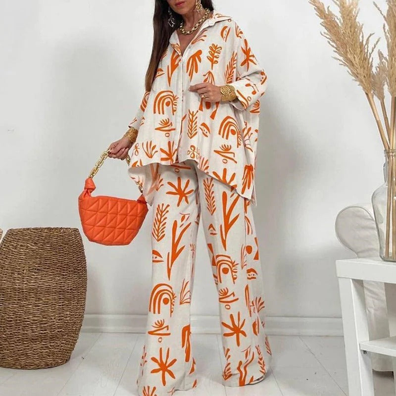 Ensemble Deux Pièces avec Chemise Boutonnée et Pantalon Large pour Femmes | Idéal pour le Printemps et l’Été