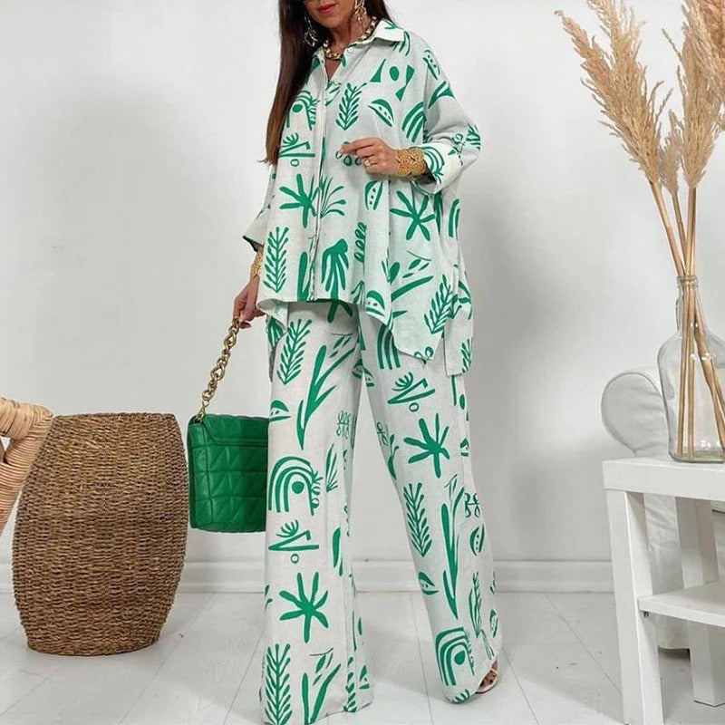 Ensemble Deux Pièces avec Chemise Boutonnée et Pantalon Large pour Femmes | Idéal pour le Printemps et l’Été