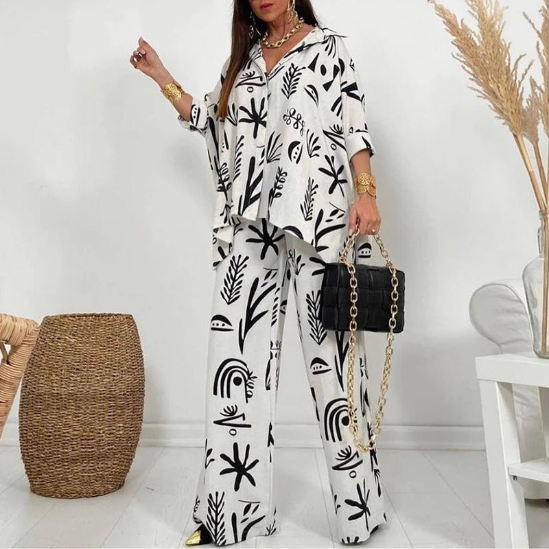 Ensemble Deux Pièces avec Chemise Boutonnée et Pantalon Large pour Femmes | Idéal pour le Printemps et l’Été