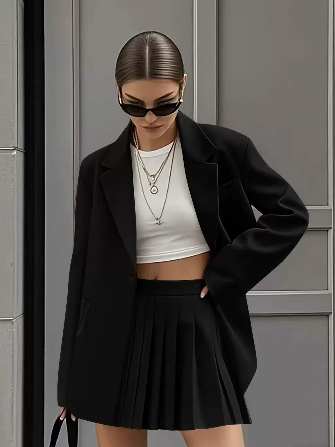 Ensemble avec Blazer Ample Et Jupe Plissée Taille Haute pour Femme | Idéal pour Printemps Et Été