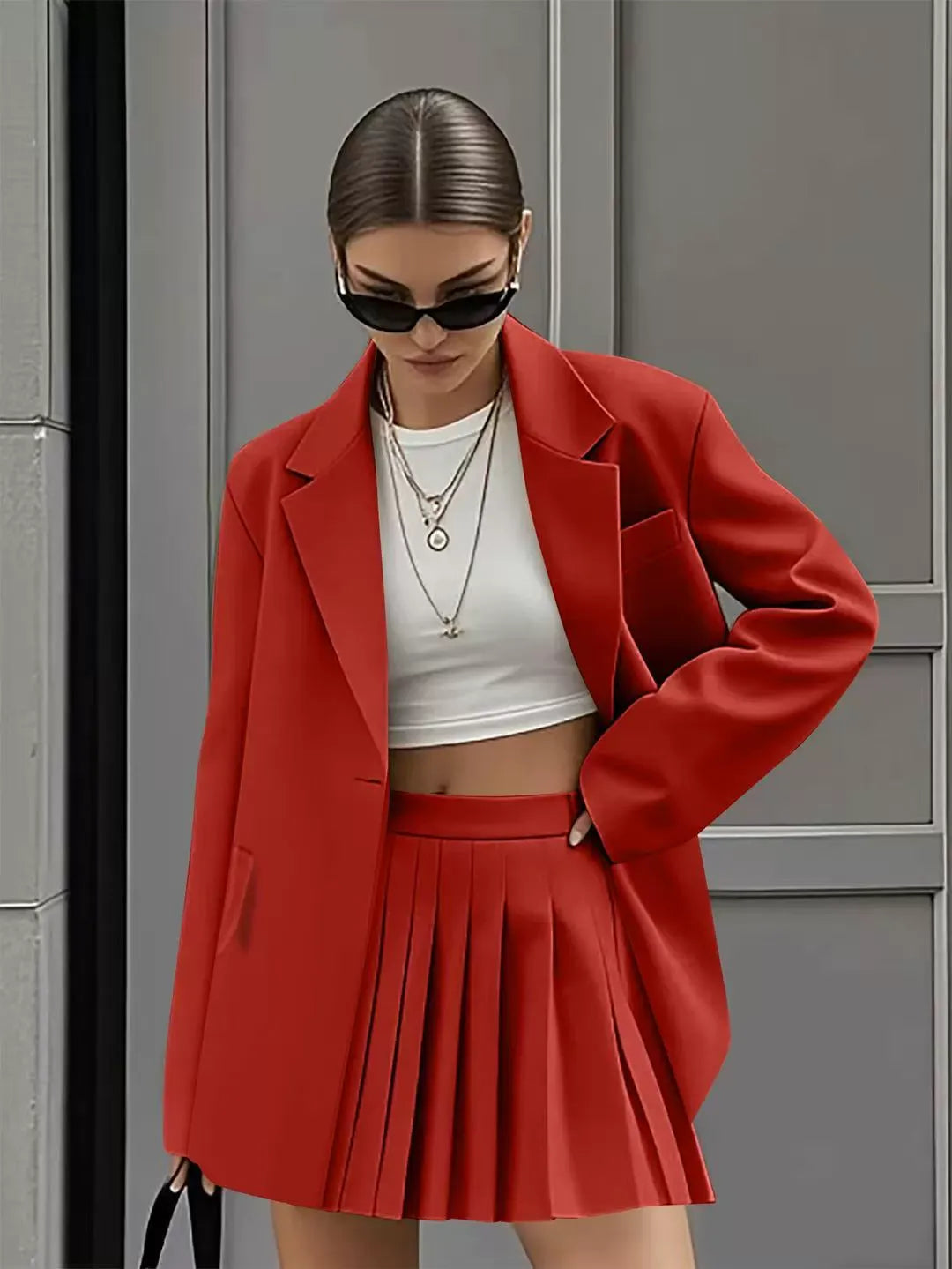 Ensemble avec Blazer Ample Et Jupe Plissée Taille Haute pour Femme | Idéal pour Printemps Et Été