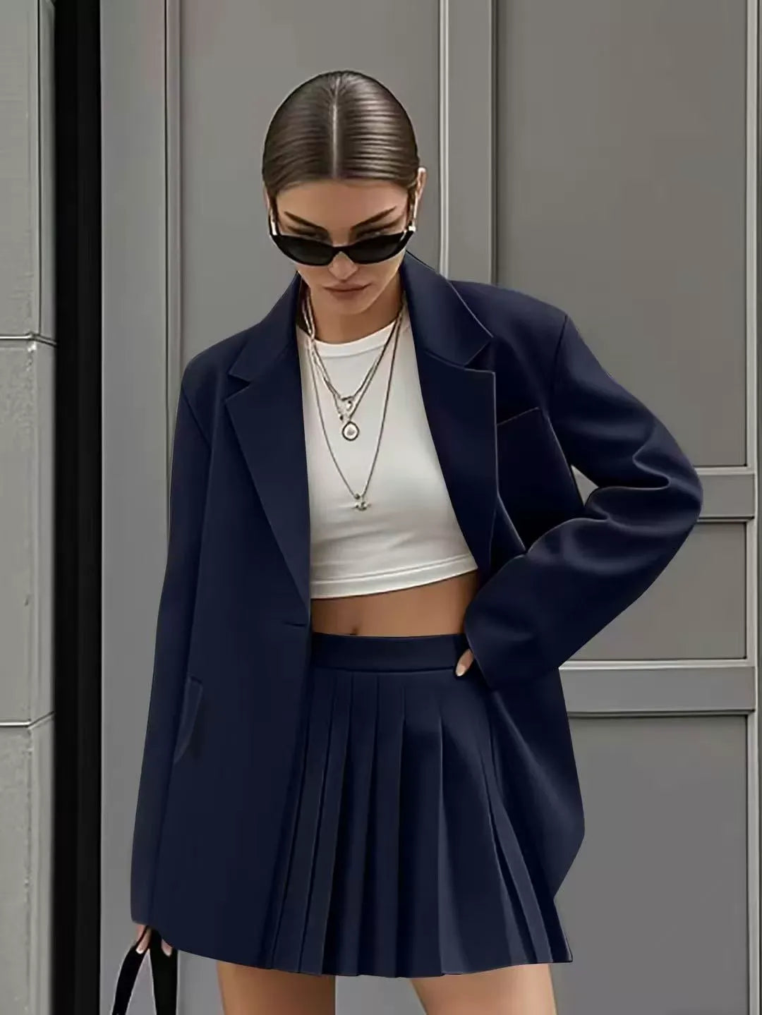 Ensemble avec Blazer Ample Et Jupe Plissée Taille Haute pour Femme | Idéal pour Printemps Et Été
