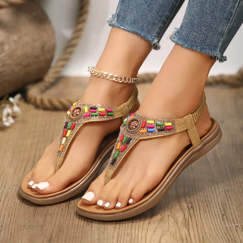 Sandales à Motifs Bohèmes avec Perles pour Femmes | Idéales pour l’Été et les Festivals