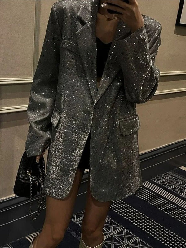 Blazer Long à Coupe Ample avec Finition Scintillante pour Femme | Idéal pour les Événements de Soirée