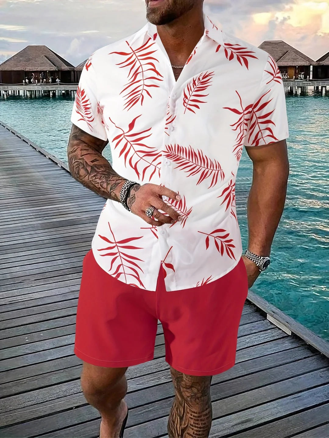 Ensemble Estival avec Chemise à Motif Feuilles et Short Beige Coordonné pour Homme | Idéal pour les Activités d’Été