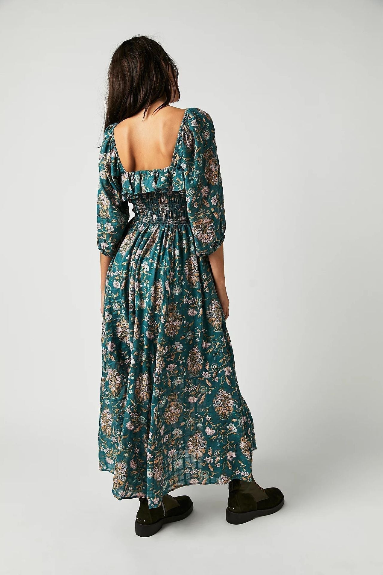 Robe Midi À Imprimé Floral Avec Corsage Smocké Et Manches Longues Pour Femmes | Adaptée Aux Tenues Décontractées